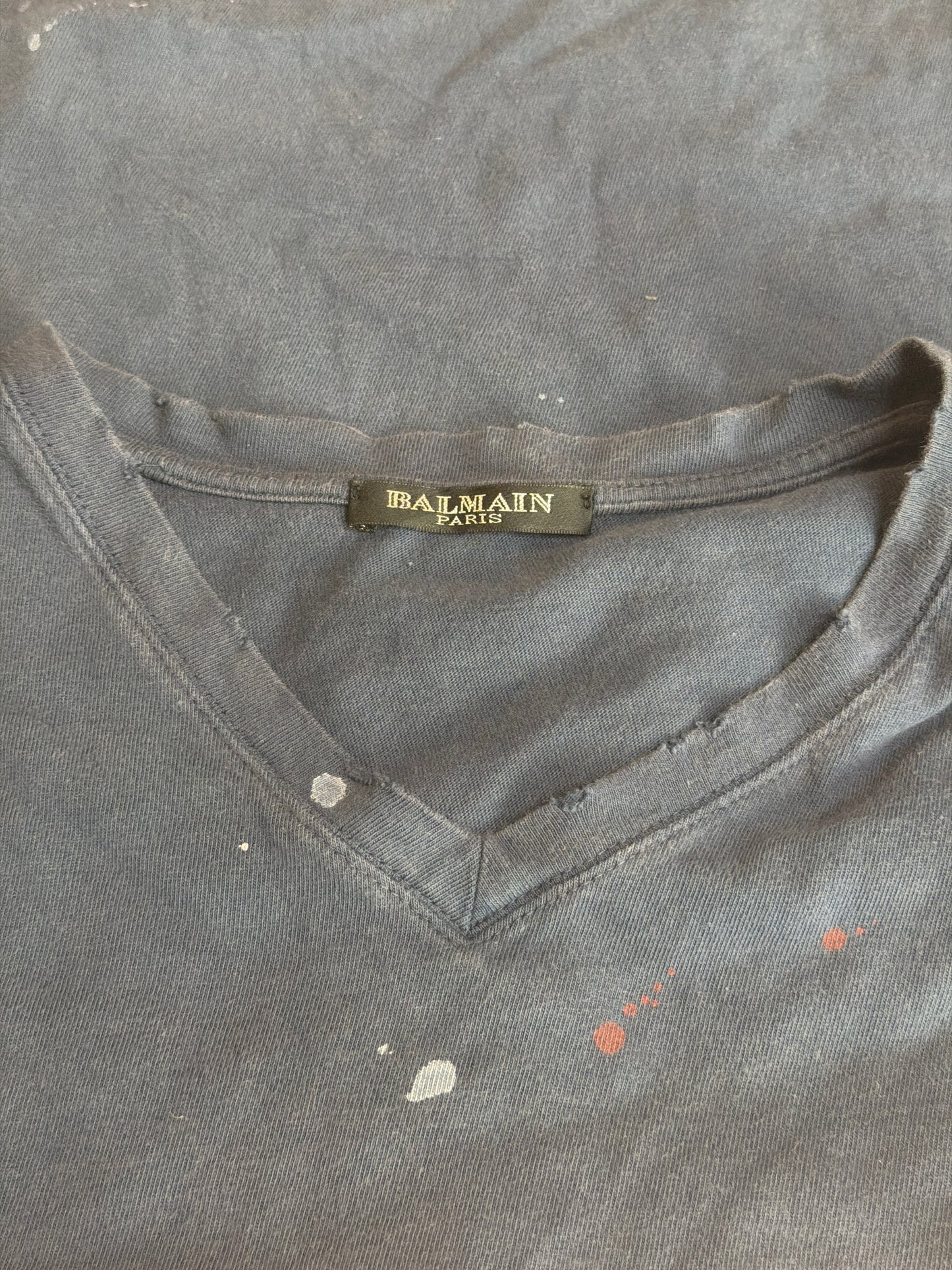 Balmain SS10 Distressed Paint Splatter V Neck Shirt