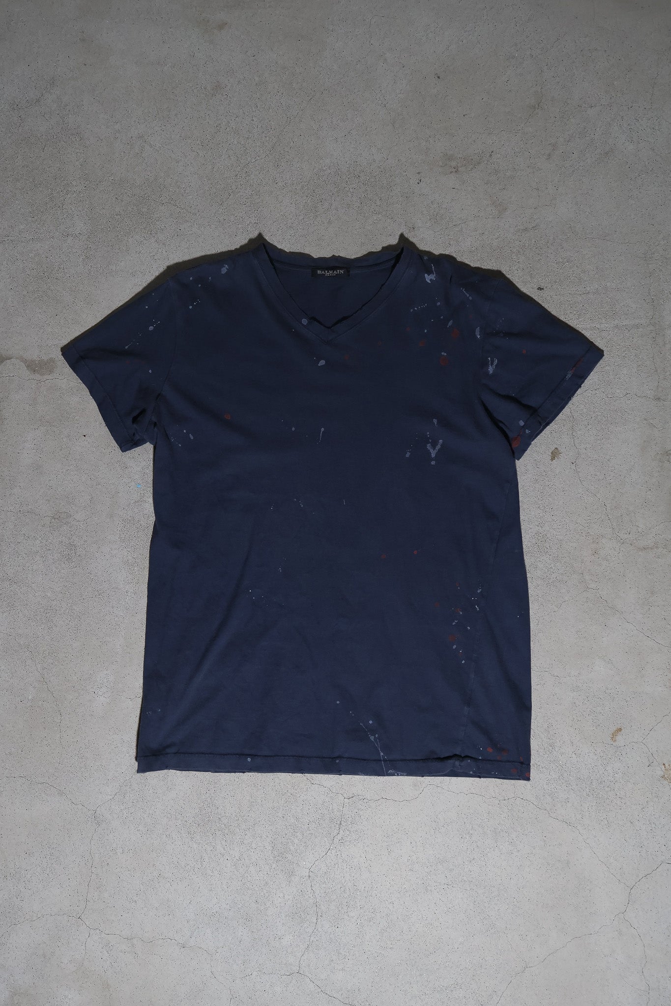 Balmain SS10 Distressed Paint Splatter V Neck Shirt