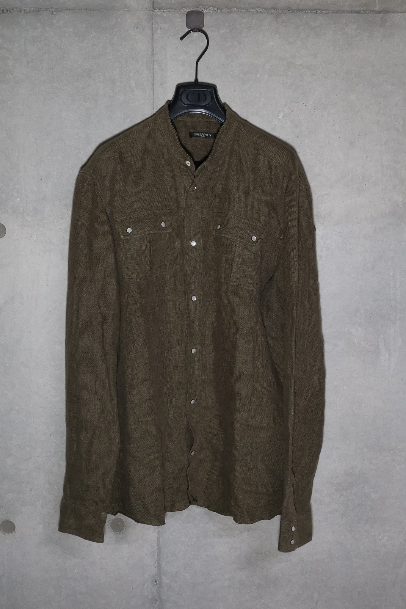 Balmain SS13 Khaki Military Raw Collar Button Up Shirt