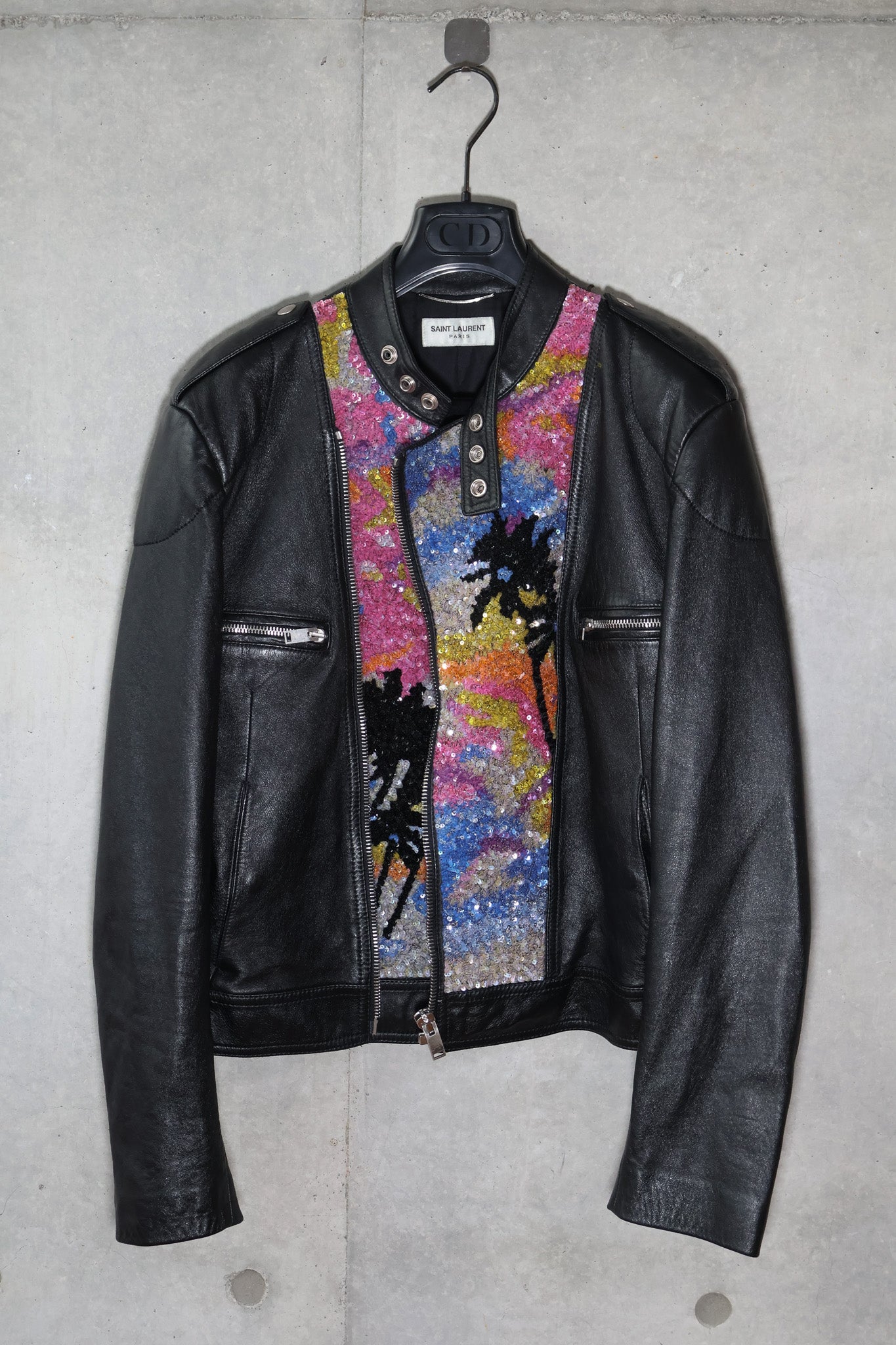 Saint Laurent SS16 Sample Sequin Palm Tree Cafe Racer Leather Jacket