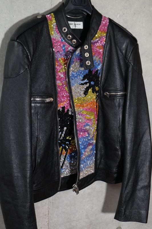 Saint Laurent SS16 Sample Sequin Palm Tree Cafe Racer Leather Jacket