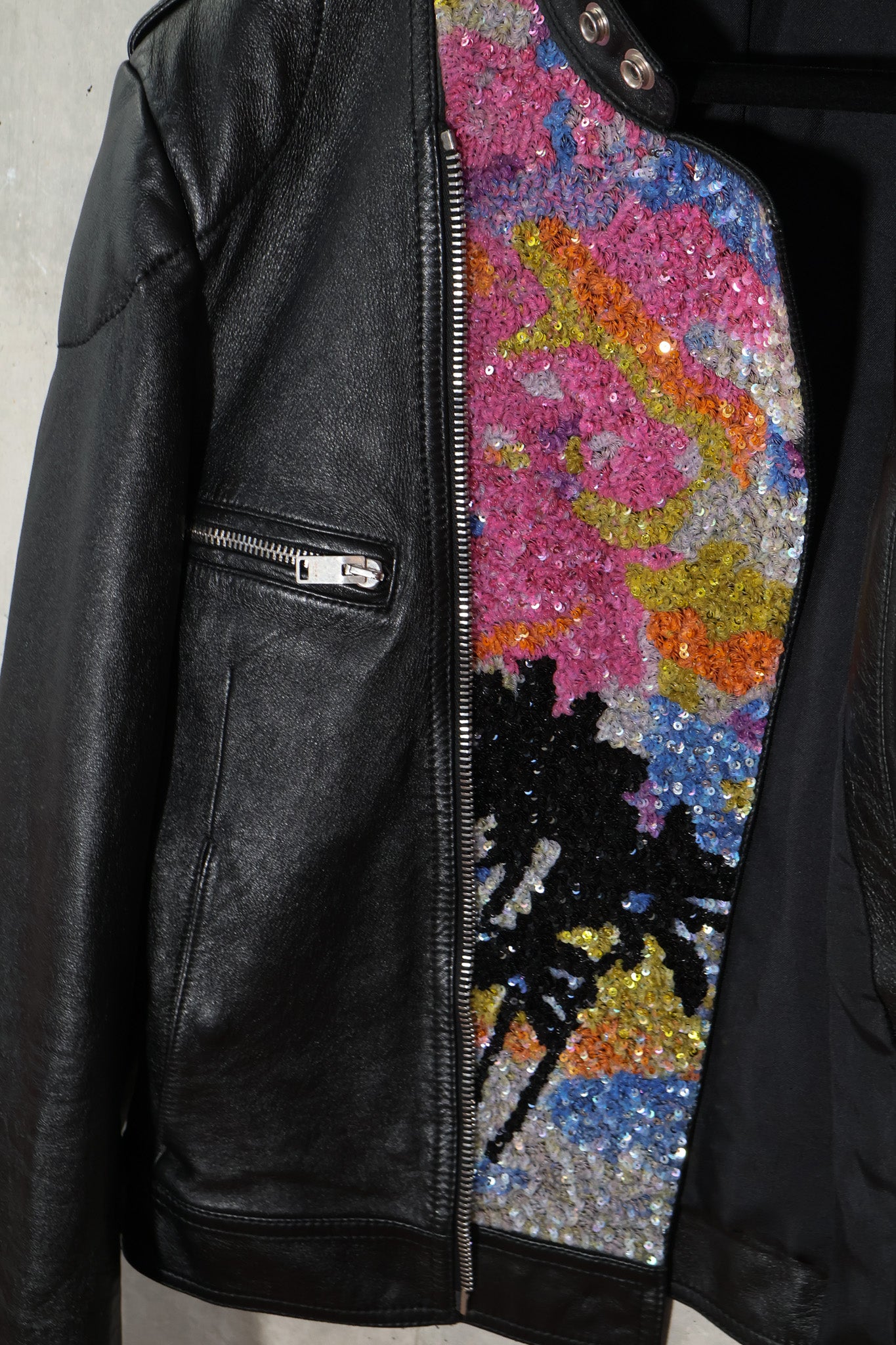 Saint Laurent SS16 Sample Sequin Palm Tree Cafe Racer Leather Jacket