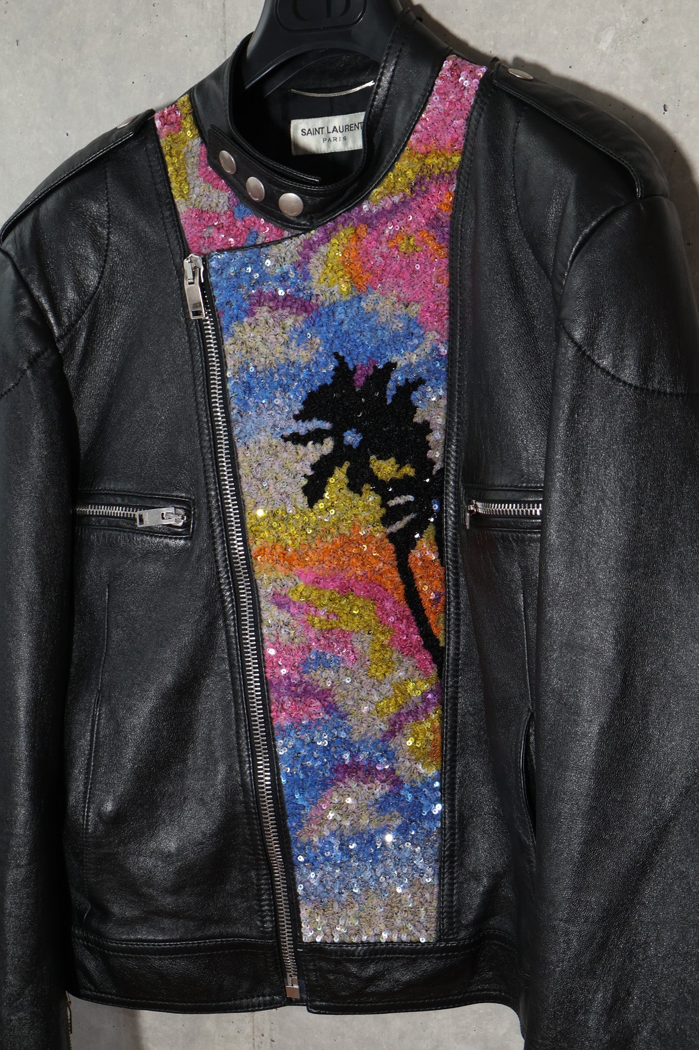 Saint Laurent SS16 Sample Sequin Palm Tree Cafe Racer Leather Jacket