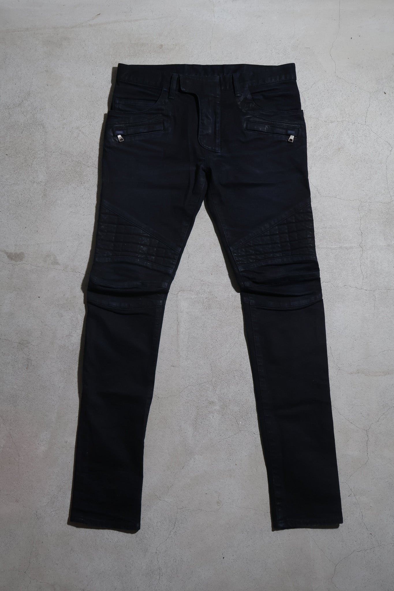 Balmain AW12 Waxed Quilted Biker Denim