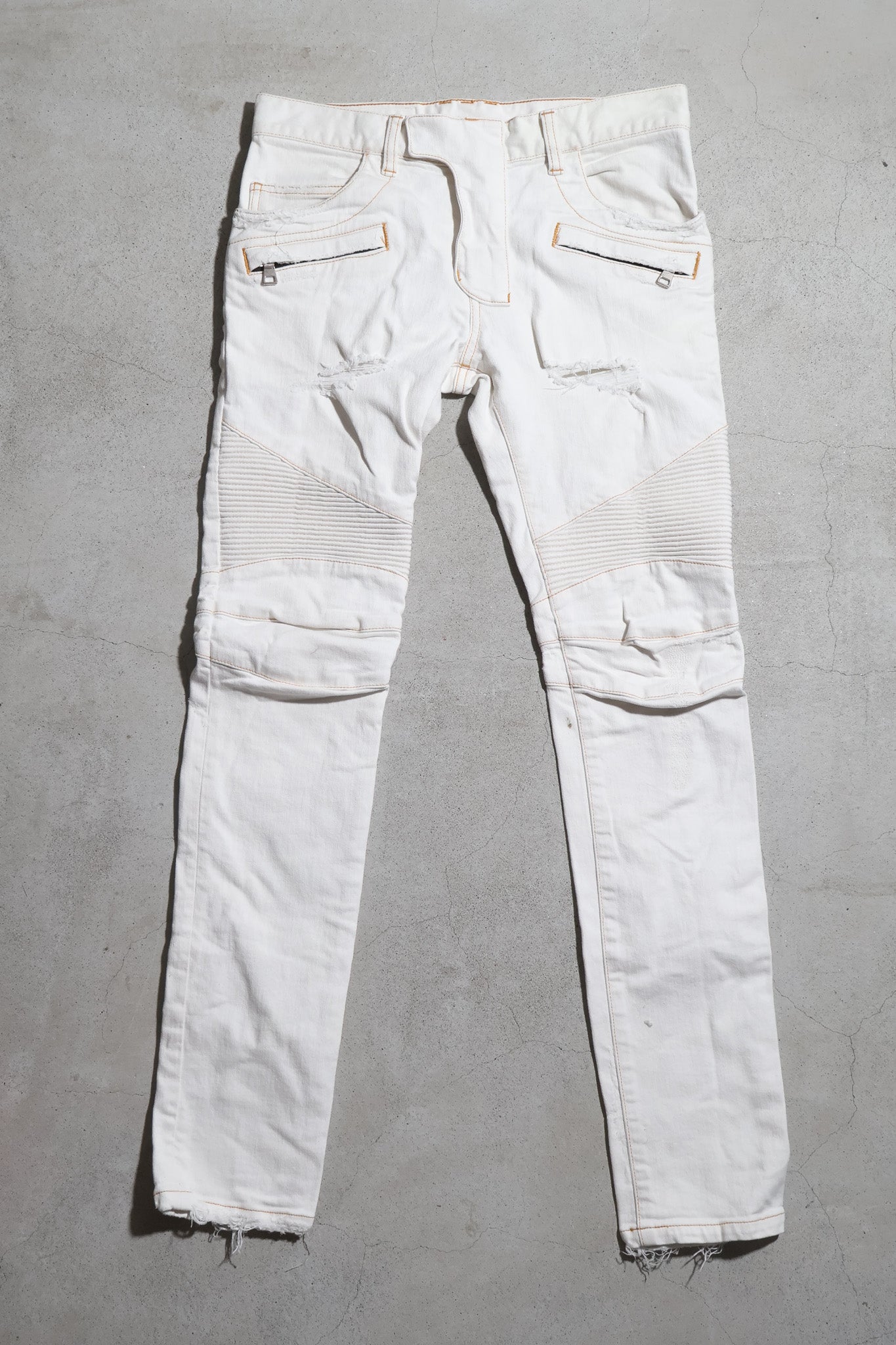 Balmain SS14 Contrast Stitch Distressed Biker Denim