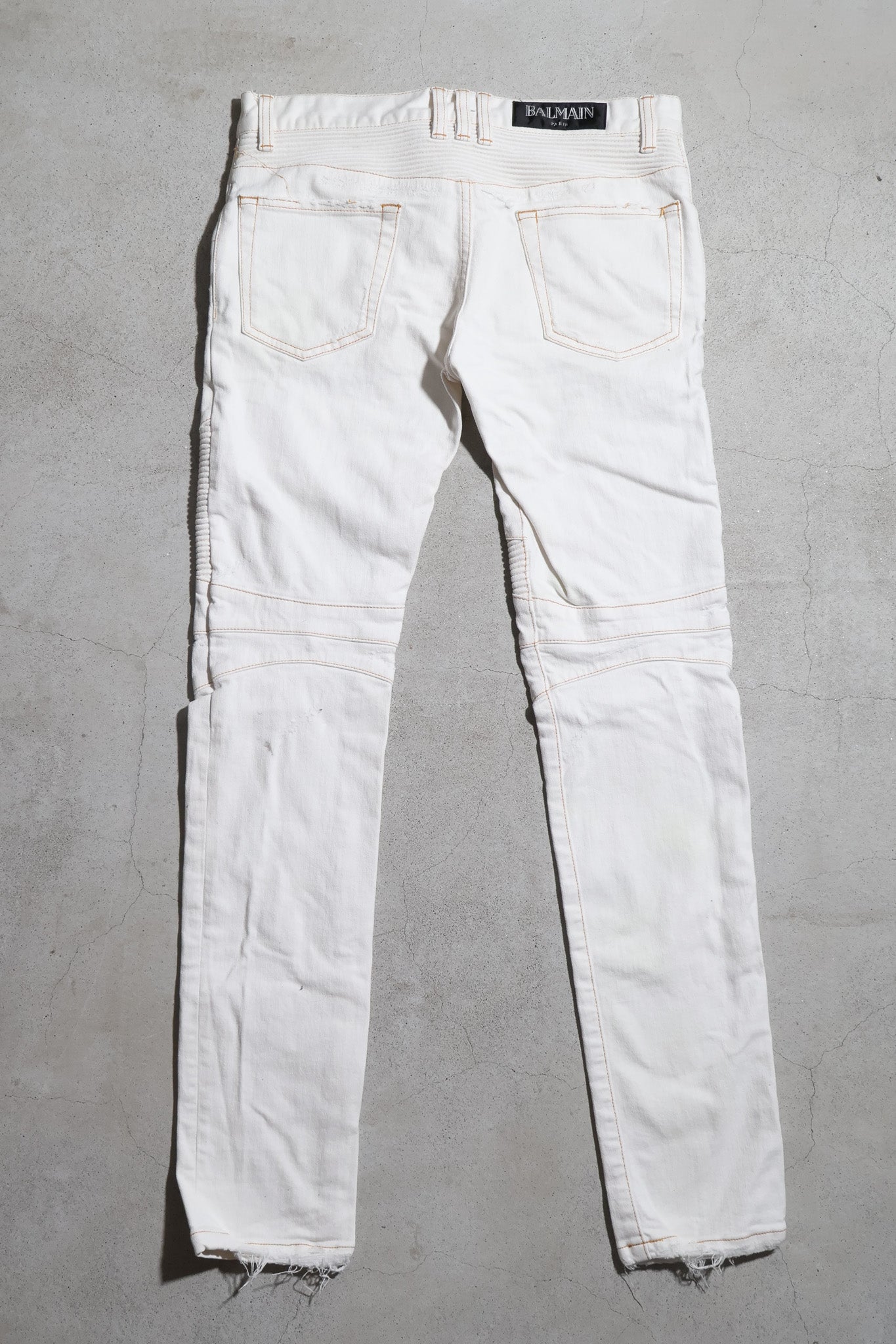 Balmain SS14 Contrast Stitch Distressed Biker Denim