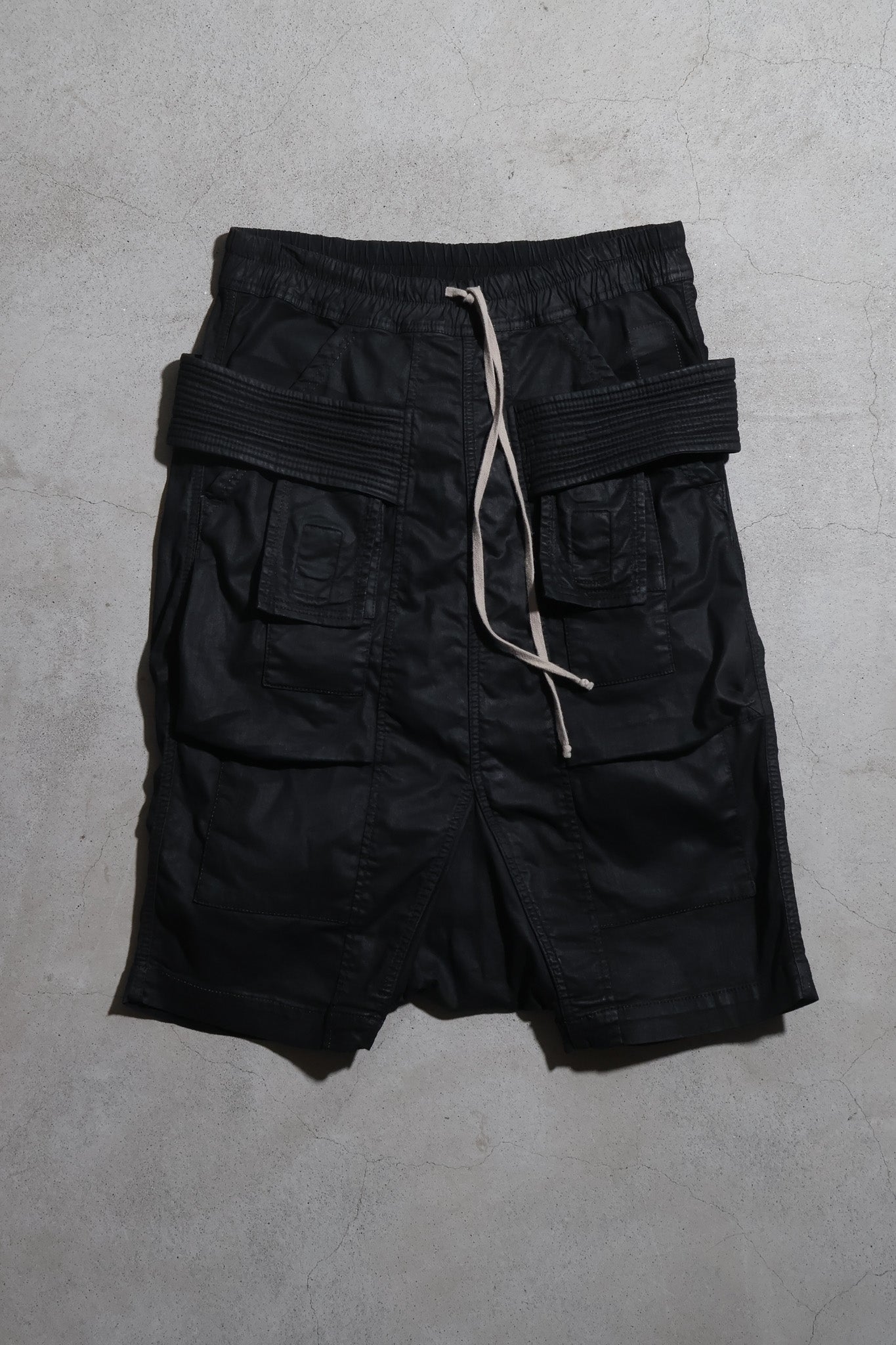 Rick Owens SS19 Creatch Waxed Drop Crotch Cargo Shorts